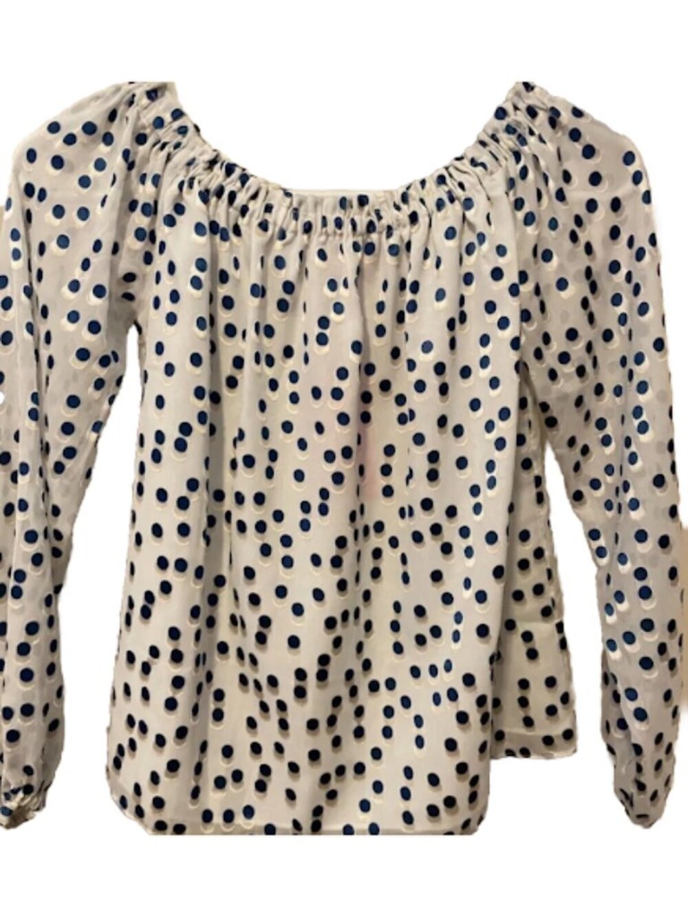 Lilly Pulitzer Women's Polka Dot Blouse White Blue Long Sleeve Off Shoulder Top